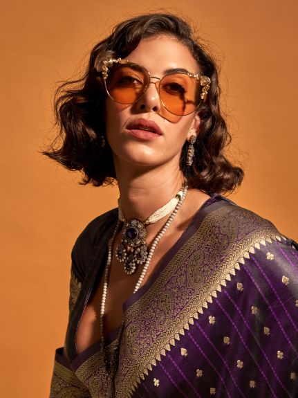 SAREEMALL Women's Satin Silk Purple WovenDesign DesignerSaree With Blouse Piece