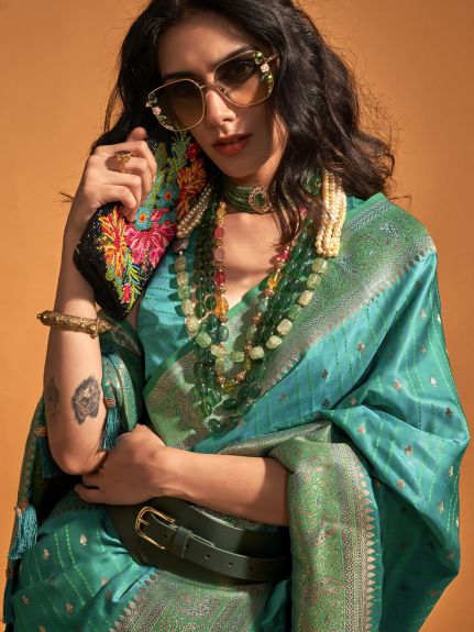 SAREEMALL Women's Satin Silk Tealblue WovenDesign DesignerSaree With Blouse Piece