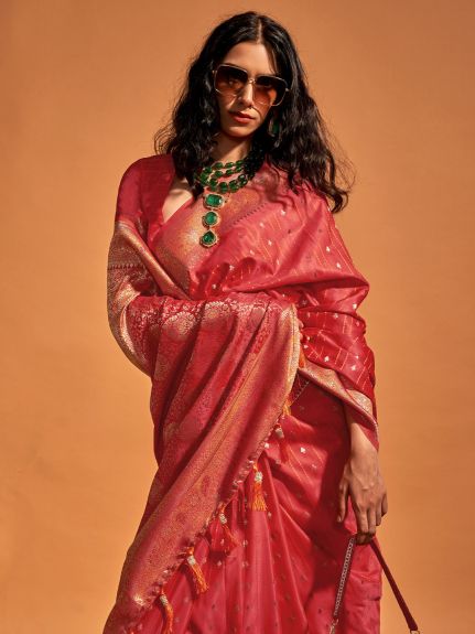 SAREEMALL Women's Satin Silk Red WovenDesign DesignerSaree With Blouse Piece