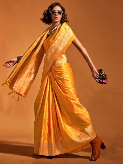 SAREEMALL Women's Satin Silk Yellow WovenDesign DesignerSaree With Blouse Piece