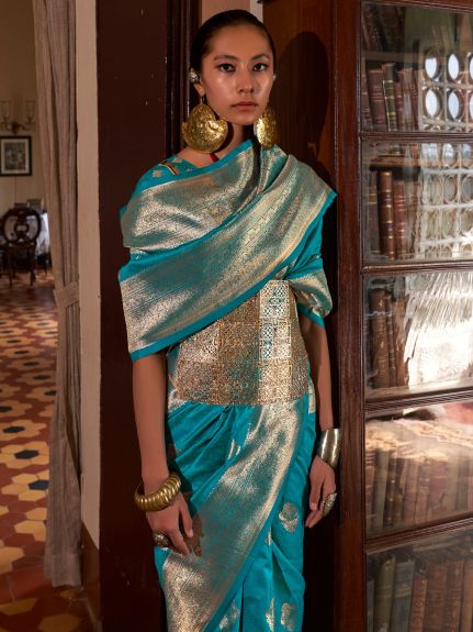 SAREE MALL Women's Silk Blend Light Blue Woven Design Designer Saree With Blouse Piece