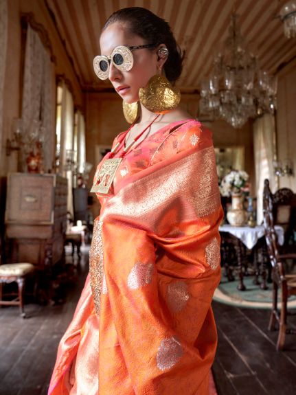 SAREE MALL Women's Silk Blend Orange Woven Design Designer Saree With Blouse Piece