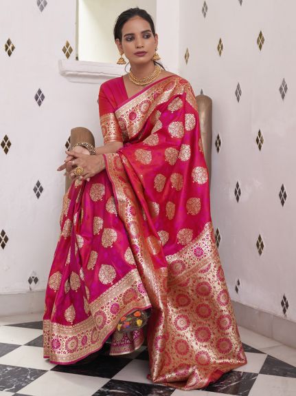 SAREE MALL Women's Satin Silk Pink Woven Design Designer Saree With Blouse Piece