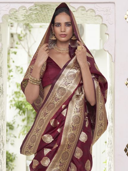 SAREE MALL Women's Satin Silk Maroon Woven Design Designer Saree With Blouse Piece