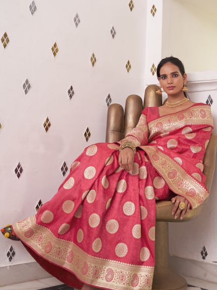 SAREE MALL Women's Satin Silk Pink Woven Design Designer Saree With Blouse Piece