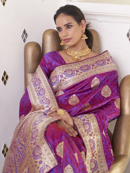 SAREE MALL Women's Satin Silk Magenta Woven Design Designer Saree With Blouse Piece