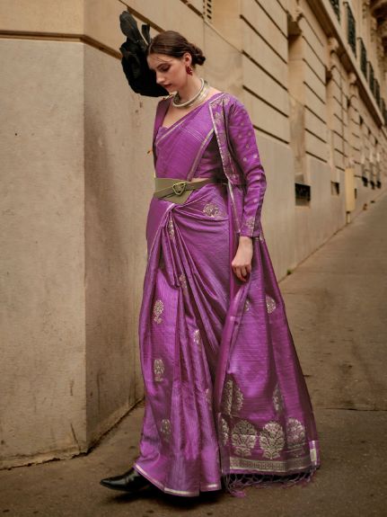 SAREEMALL Women's Satin Silk Purple WovenDesign DesignerSaree With Blouse Piece