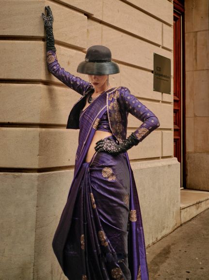 SAREEMALL Women's Satin Silk NavyBlue WovenDesign DesignerSaree With Blouse Piece