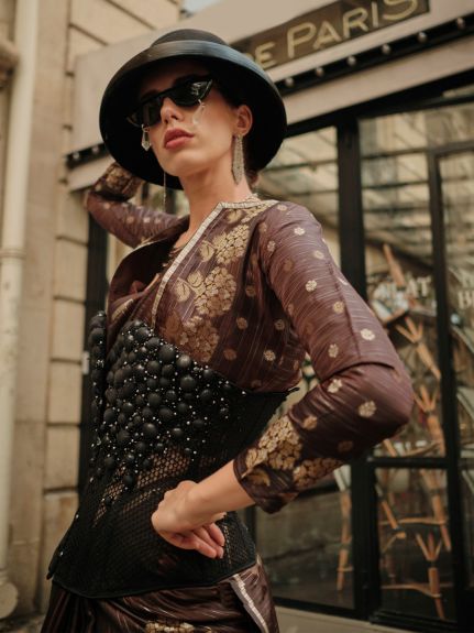 SAREEMALL Women's Satin Silk Brown WovenDesign DesignerSaree With Blouse Piece