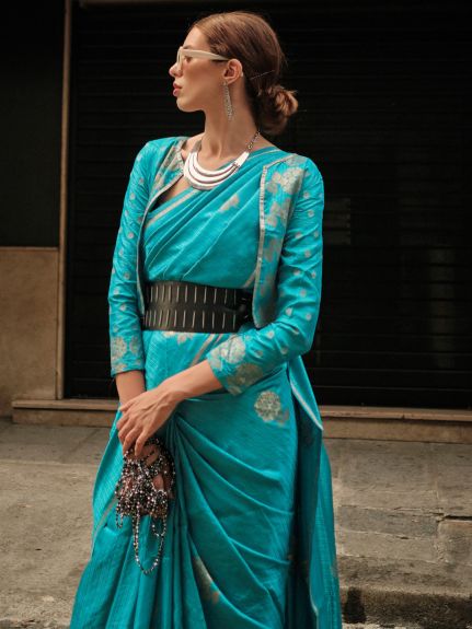 SAREEMALL Women's Satin Silk Blue WovenDesign DesignerSaree With Blouse Piece