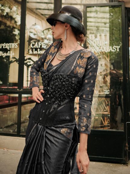 SAREEMALL Women's Satin Silk Black WovenDesign DesignerSaree With Blouse Piece