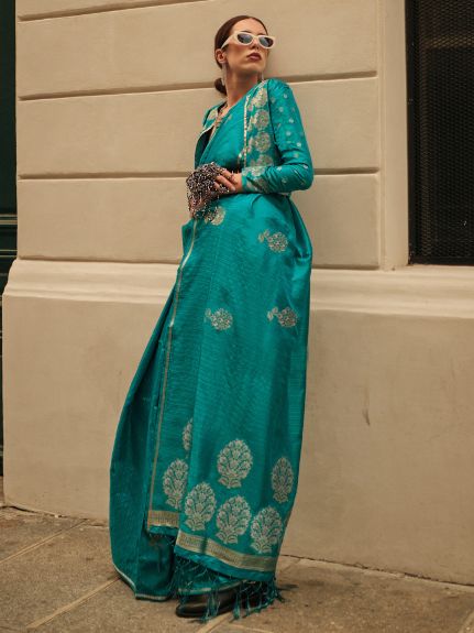 SAREEMALL Women's Satin Silk Blue WovenDesign DesignerSaree With Blouse Piece