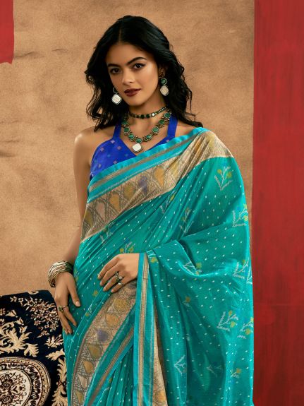 SAREE MALL Women's Tussar Silk Teal blue Woven Design Designer Saree With Blouse Piece