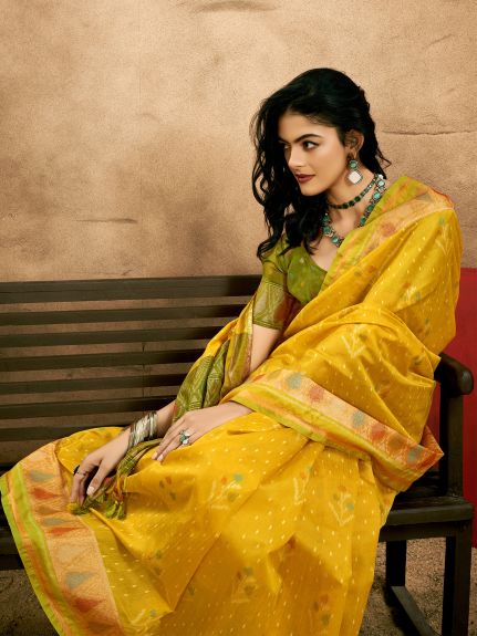 SAREE MALL Women's Tussar Silk Yellow Woven Design Designer Saree With Blouse Piece