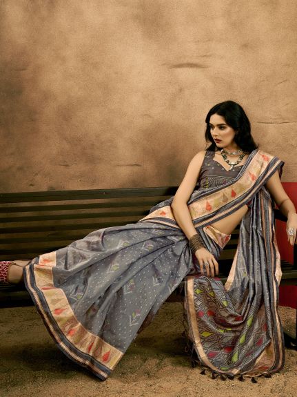 SAREE MALL Women's Tussar Silk Grey Woven Design Designer Saree With Blouse Piece