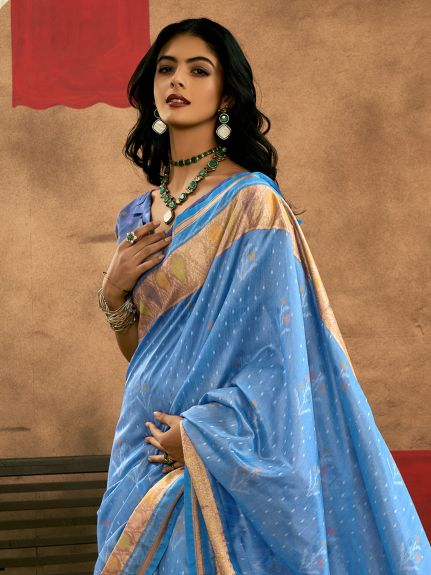 SAREE MALL Women's Tussar Silk Light Blue Woven Design Designer Saree With Blouse Piece