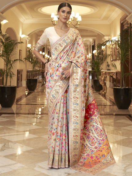 SAREEMALL Women's Silk Blend Cream WovenDesign CelebritySaree With Blouse Piece