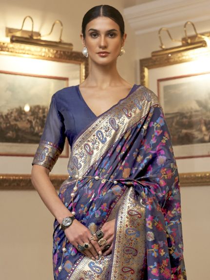 SAREEMALL Women's Silk Blend NavyBlue WovenDesign CelebritySaree With Blouse Piece