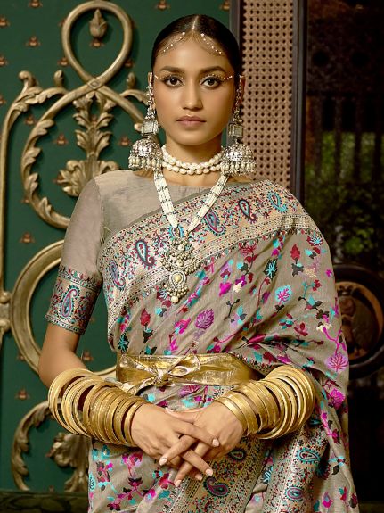 SAREEMALL Women's Silk Blend Grey WovenDesign CelebritySaree With Blouse Piece