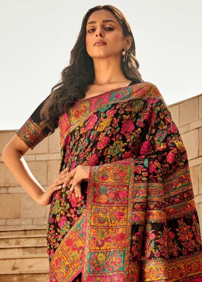 SAREEMALL Women's Cotton Silk Black WovenDesign DesignerSaree With Blouse Piece