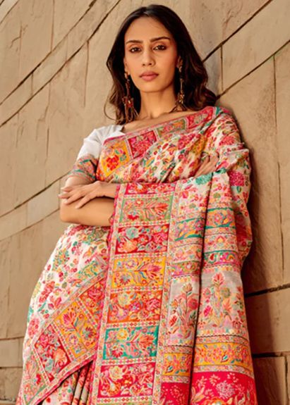 SAREEMALL Women's Cotton Silk White WovenDesign DesignerSaree With Blouse Piece