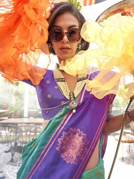 SAREE MALL Women's Silk Blend Teal blue Woven Design Designer Saree With Blouse Piece