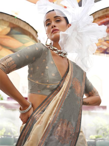 SAREE MALL Women's Silk Blend Cream Woven Design Designer Saree With Blouse Piece