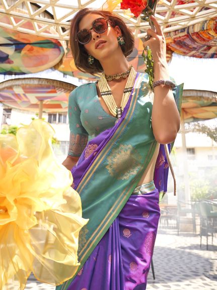 SAREE MALL Women's Silk Blend Purple Woven Design Designer Saree With Blouse Piece