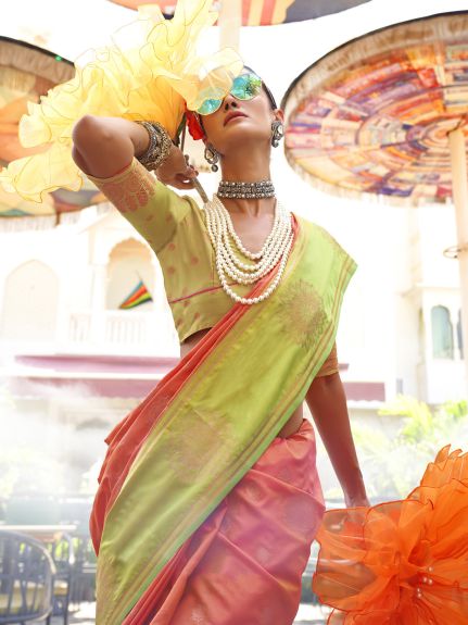 SAREE MALL Women's Silk Blend Peach Woven Design Designer Saree With Blouse Piece