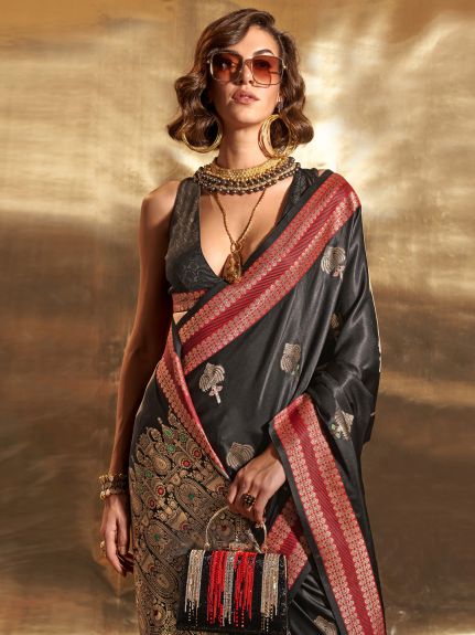 SAREE MALL Women's Satin Silk Black Woven Design Designer Saree With Blouse Piece