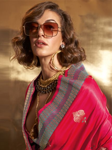 SAREE MALL Women's Satin Silk Pink Woven Design Designer Saree With Blouse Piece