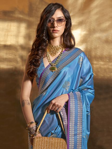 SAREE MALL Women's Satin Silk Blue Woven Design Designer Saree With Blouse Piece