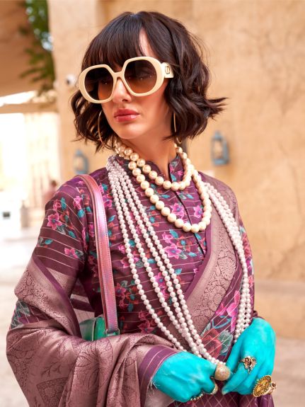 SAREE MALL Women's Georgette Burgundy Woven Design Designer Saree With Blouse Piece