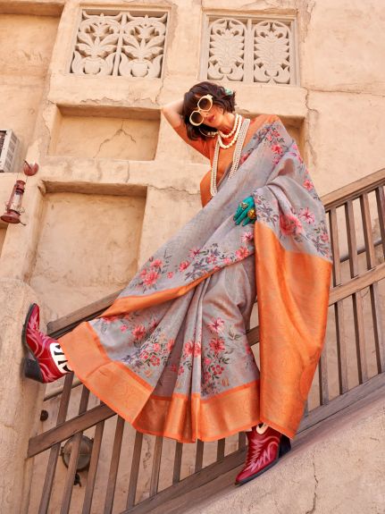 SAREE MALL Women's Georgette Grey Woven Design Designer Saree With Blouse Piece