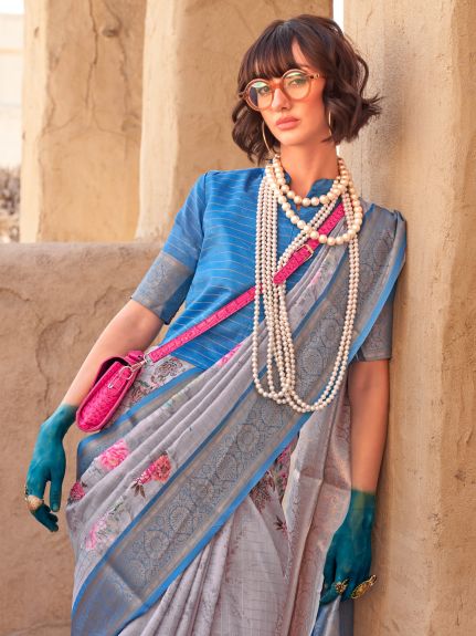 SAREE MALL Women's Georgette Grey Woven Design Designer Saree With Blouse Piece
