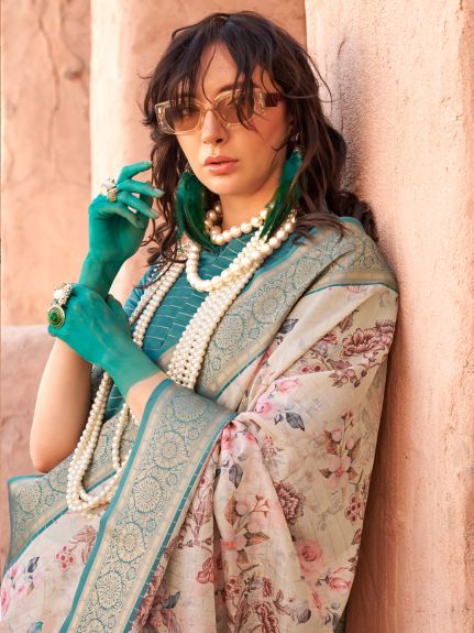 SAREE MALL Women's Georgette Cream Woven Design Designer Saree With Blouse Piece