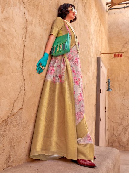 SAREE MALL Women's Georgette Beige Woven Design Designer Saree With Blouse Piece