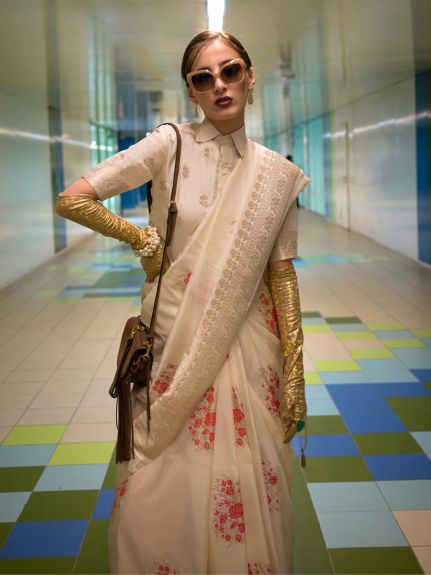 SAREE MALL Women's Silk Blend Cream Woven Design Designer Saree With Blouse Piece