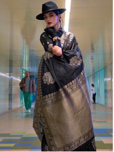 SAREE MALL Women's Silk Blend Black Woven Design Designer Saree With Blouse Piece