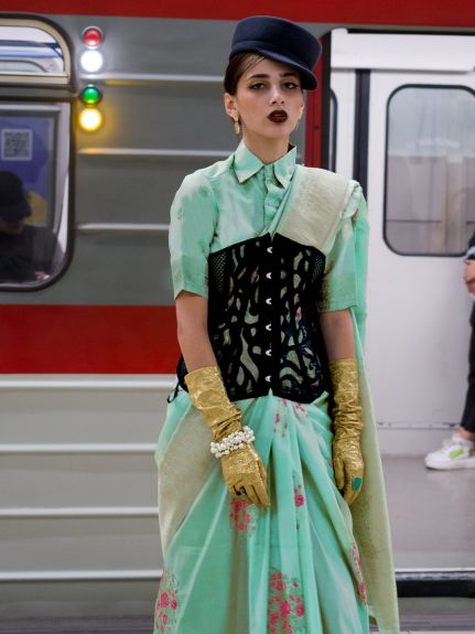 SAREE MALL Women's Silk Blend Sea Green Woven Design Designer Saree With Blouse Piece