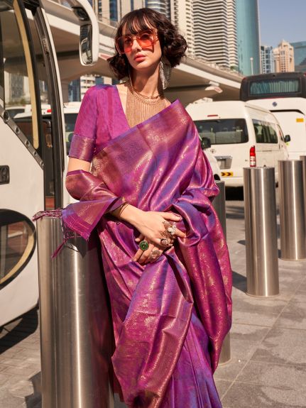 SAREE MALL Women's Kanjeevaram Silk Magenta Woven Design Designer Saree With Blouse Piece