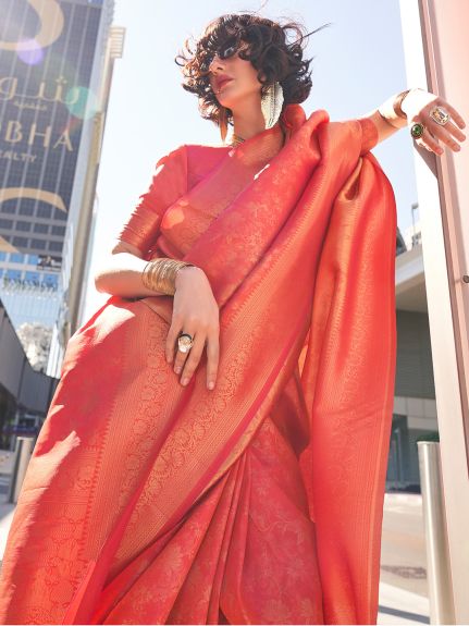 SAREE MALL Women's Kanjeevaram Silk Peach Woven Design Designer Saree With Blouse Piece