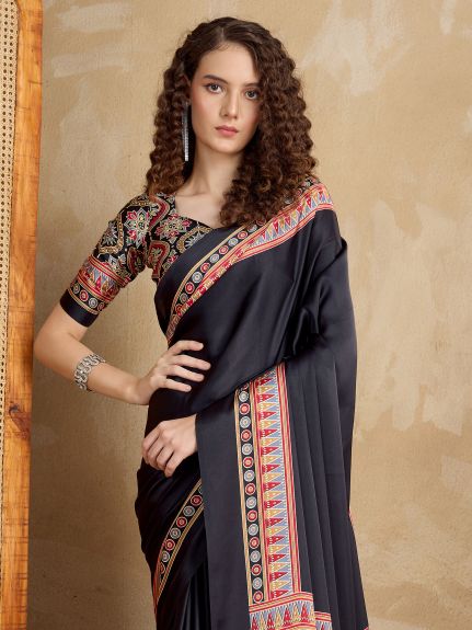 SAREE MALL Women's Satin Black Printed Designer Saree With Blouse Piece