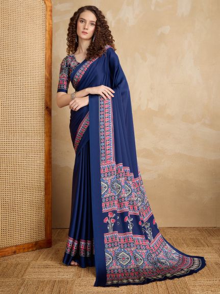 SAREE MALL Women's Satin Navy Blue Printed Designer Saree With Blouse Piece