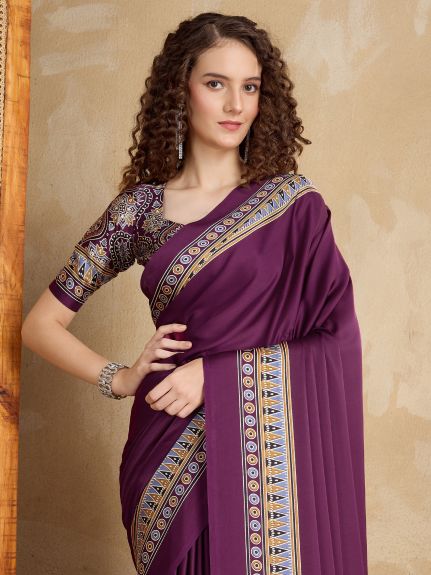 SAREE MALL Women's Satin Purple Printed Designer Saree With Blouse Piece