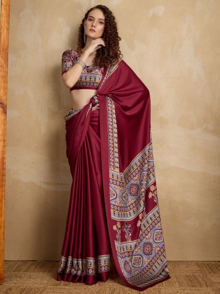 SAREE MALL Women's Satin Maroon Printed Designer Saree With Blouse Piece