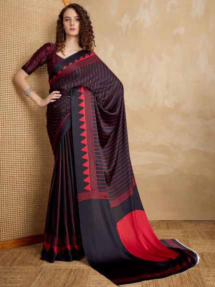SAREE MALL Women's Satin Black Printed Designer Saree With Blouse Piece