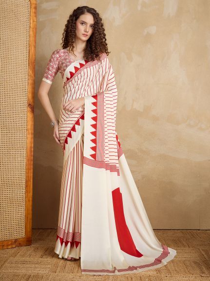 SAREE MALL Women's Satin Cream Printed Designer Saree With Blouse Piece