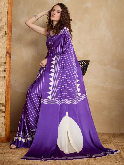 SAREE MALL Women's Satin Purple Printed Designer Saree With Blouse Piece