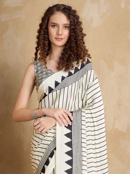 SAREE MALL Women's Satin Cream Printed Designer Saree With Blouse Piece